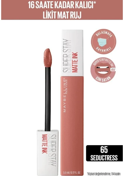 Maybelline New York Maybelline Gün Boyu Kalıcı Etki Sunan Süper Mat Likit Ruj 65 Seductress - Nude X2