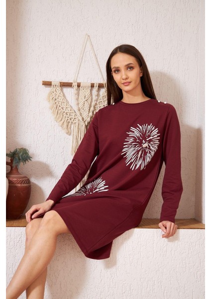 Darlin Moda Bordo Baskılı Düğme Detaylı Tunik DM60346