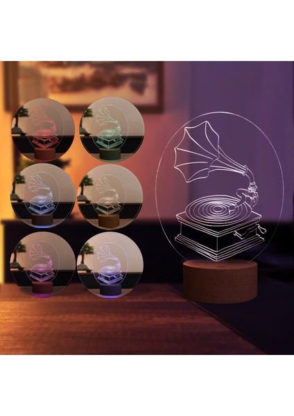 Gramofon Figürlü Dekoratif Hediye Led Masa Lambası | 7 Işık Rengi | Ahşap Taban fiyatları