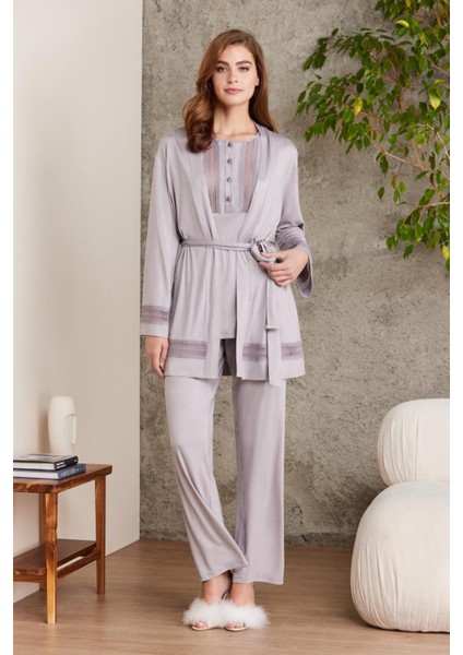 Dantelli Penye 3'lü Kadın Pijama Takımı - 2800