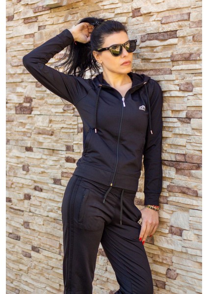 Kadın Siyah Iki Şeritli Biyeli Fermuarlı Kapüşonlu Spor Eşofman Takımı 21KESTAX11 modelleri