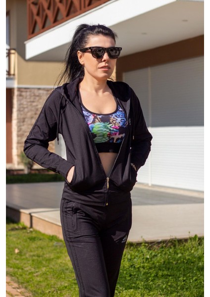 Kadın Siyah Iki Şeritli Biyeli Fermuarlı Kapüşonlu Spor Eşofman Takımı 21KESTAX11 fırsatları