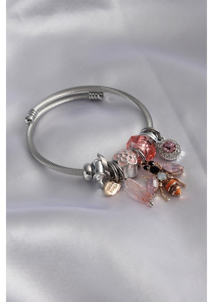 Gümüş Kırmızı Renk Arı Figür Çiçek Detay Zirkon Taşlı Charm Model Kadın Bileklik