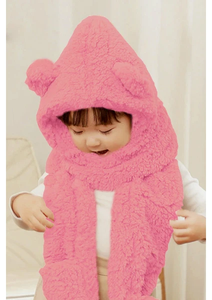 Babykid Pembe Çocuk Kapşonlu Peluş Bere Atkı Eldiven Welsoft  Boyunluk Rüzgar Geçirmez Kulaklı Şapka