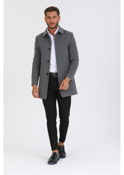 Erkek Gri Dar Kesim Yün Karışımlı Kaşe Gömlek Yaka Palto Kaban indirimleri