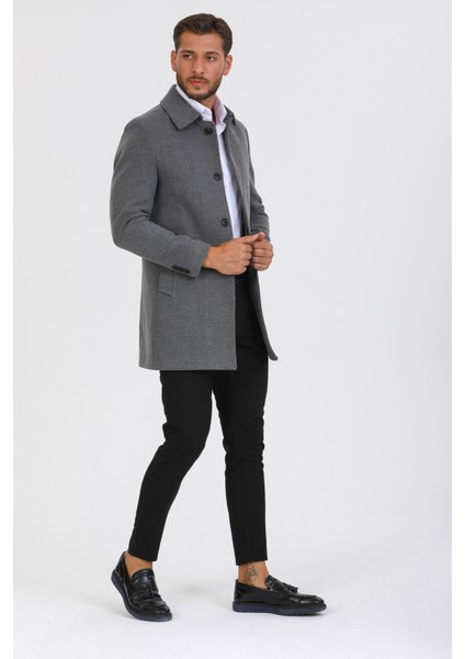 Erkek Gri Dar Kesim Yün Karışımlı Kaşe Gömlek Yaka Palto Kaban