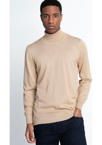 Slim Fit Dar Kesim Tam Boğazlı Yaka Düz Yün Erkek Kazak
