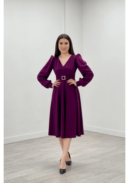 Ithal Krep Kumaş Kemer Detaylı Midi Elbise - Patlıcan Mor10