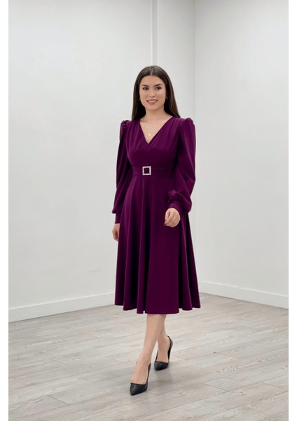 Ithal Krep Kumaş Kemer Detaylı Midi Elbise - Patlıcan Mor10 fiyatları
