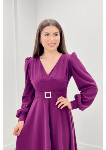 Ithal Krep Kumaş Kemer Detaylı Midi Elbise - Patlıcan Mor10 modelleri