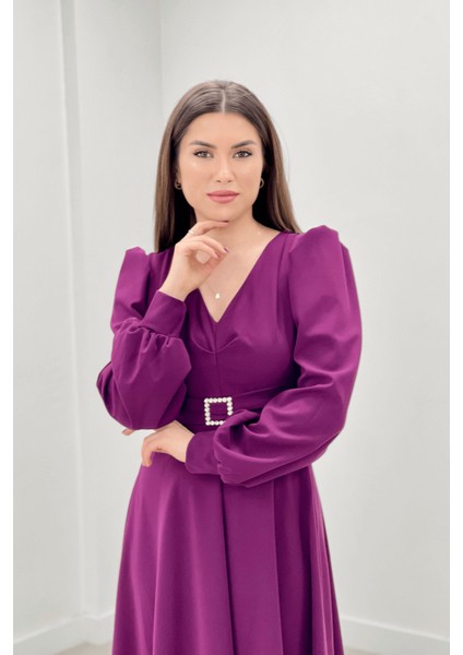 Ithal Krep Kumaş Kemer Detaylı Midi Elbise - Patlıcan Mor10 fırsatları