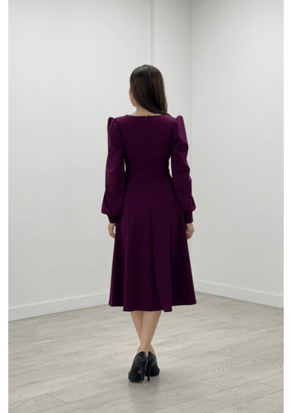 Ithal Krep Kumaş Kemer Detaylı Midi Elbise - Patlıcan Mor10 indirimleri