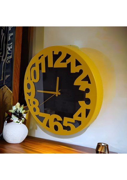 Sarı Siyah Ofis Salon Mutfak Duvar Saati 36 cm Metal G8