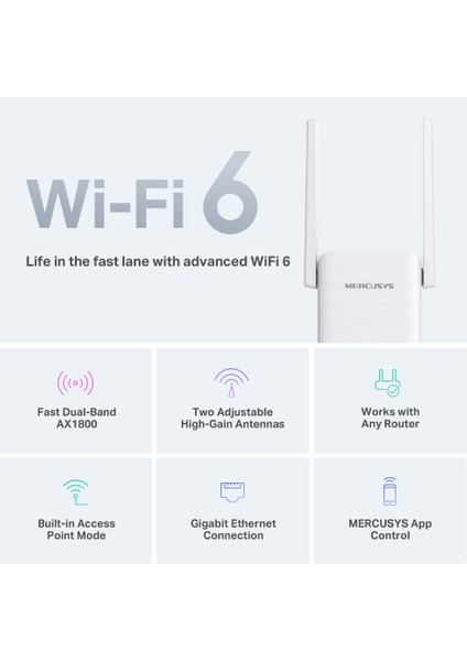 ME70X, AX1800 Mbps, 1 Gigabit Bağlantı Noktası ve 2 Harici Anten, Dahili Access Point Modu, Tek Tuşla Kolay Kurulum, Mobil Uygulama Desteği, Dual-Band Wi-Fi 6 Menzil Genişletici