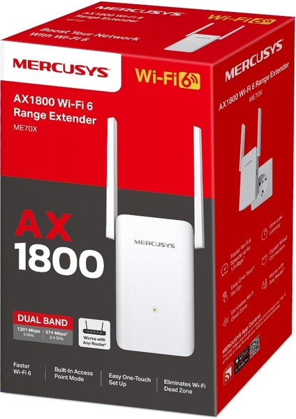 ME70X, AX1800 Mbps, 1 Gigabit Bağlantı Noktası ve 2 Harici Anten, Dahili Access Point Modu, Tek Tuşla Kolay Kurulum, Mobil Uygulama Desteği, Dual-Band Wi-Fi 6 Menzil Genişletici