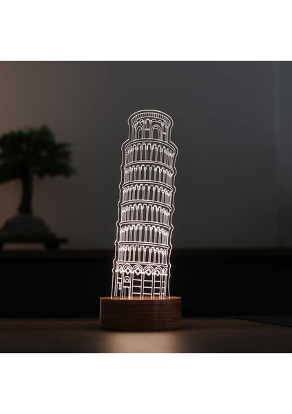Pisa Kulesi Figürlü Dekoratif Hediye Led Masa Lambası | 7 Işık Rengi | Ahşap Taban