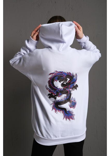 Kadın Kapüşonlu Beyaz Oversize Sırt Baskılı Ejderha Sweatshirt