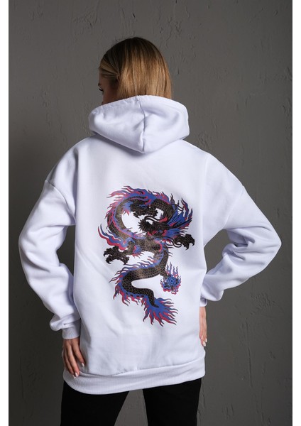 Kadın Kapüşonlu Beyaz Oversize Sırt Baskılı Ejderha Sweatshirt fiyatları