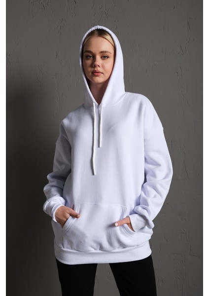 Kadın Kapüşonlu Beyaz Oversize Sırt Baskılı Ejderha Sweatshirt modelleri