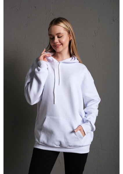 Kadın Kapüşonlu Beyaz Oversize Sırt Baskılı Ejderha Sweatshirt indirimleri