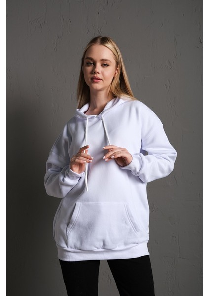 Kadın Kapüşonlu Beyaz Oversize Sırt Baskılı Ejderha Sweatshirt