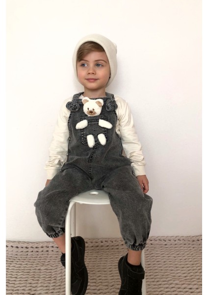 Unisex Çocuk Askısı Bağlamalı Teddy Oyuncaklı 2'li Mavi Kot Salopet