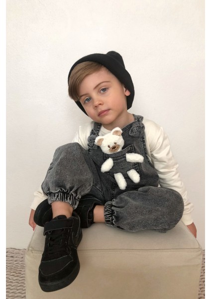 Unisex Çocuk Askısı Bağlamalı Teddy Oyuncaklı 2'li Mavi Kot Salopet