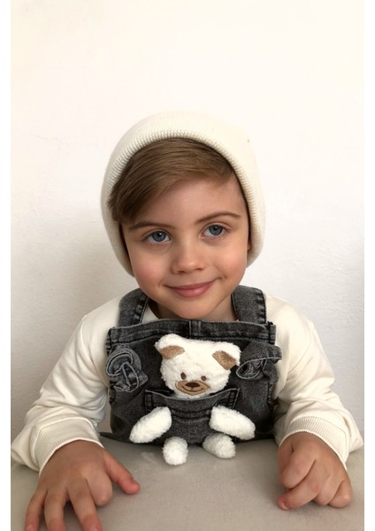 Unisex Çocuk Askısı Bağlamalı Teddy Oyuncaklı 2'li Mavi Kot Salopet