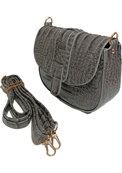 Kadın Gri Timsah Desenli Kemer Detaylı Omuz Çanta