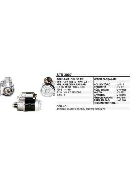 Marş Motoru 9 Diş 12V D9E Renault 9 11 21 83-94 1.4 1.7 Benzinli 7700758217 STR3007