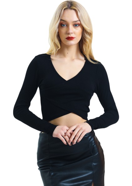 Kruvaze Yaka Uzun Kollu Crop Bluz