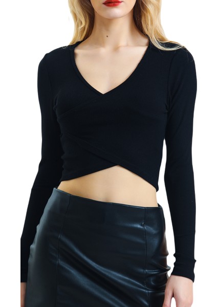 Kruvaze Yaka Uzun Kollu Crop Bluz fiyatları