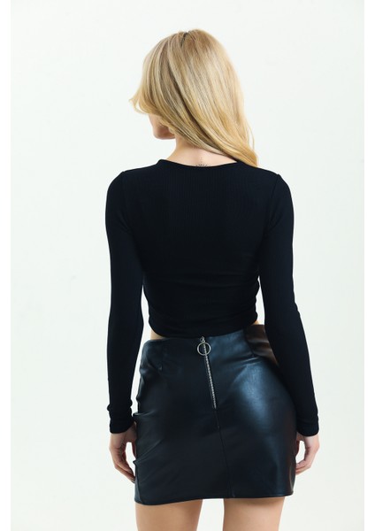 Kruvaze Yaka Uzun Kollu Crop Bluz indirimleri