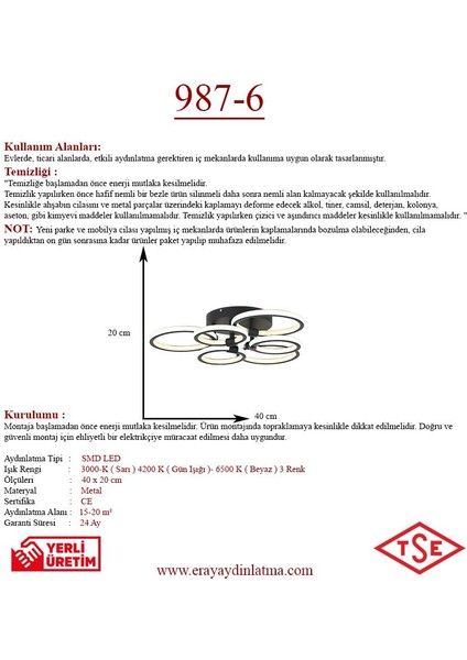 987-3+3 6'lı Plofonyer LED Avize(Beyaz Işık -Sarı Işık - Gün Işığı)