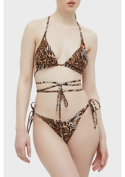 Leopar Desenli Yanlardan Bağlamalı V String Bikini Altı Kadın Bikini Altı E3GO03MC04R P122