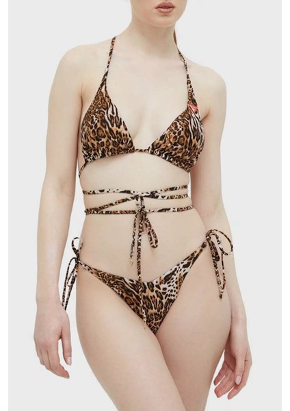 Leoparlı Bağlama Detaylı Çıkarılabilir Dolgulu Removable Üçgen Bikini Üstü Kadın Bikini Üstü E3GJ06MC04R P122