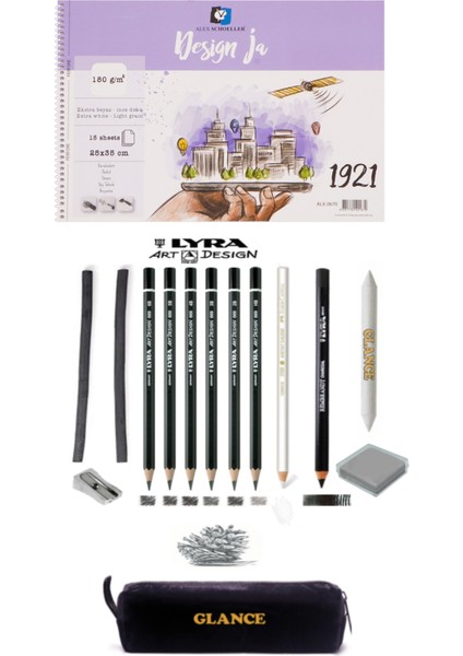 Alex Design Ja Eskiz Defteri 180GR 25X35CM 15 Yp Lyra Dereceli Karakalem Profesyonel Çizim Seti