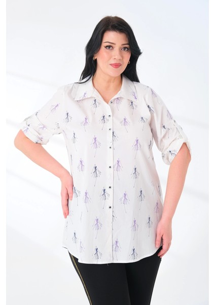 Likralı Pamuk Poplin Beyaz Desenli Büyük Beden Gömlek