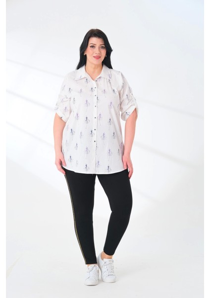 Likralı Pamuk Poplin Beyaz Desenli Büyük Beden Gömlek fiyatları