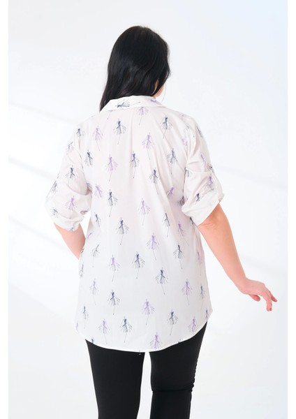 Likralı Pamuk Poplin Beyaz Desenli Büyük Beden Gömlek modelleri