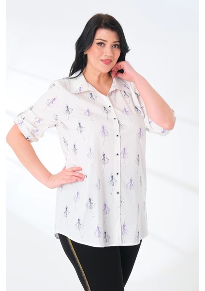 Likralı Pamuk Poplin Beyaz Desenli Büyük Beden Gömlek fırsatları