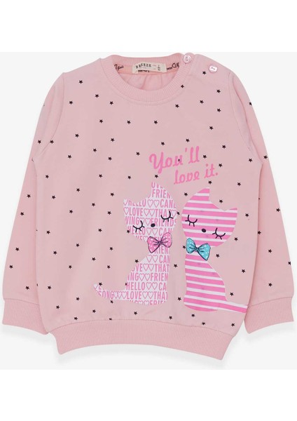 Kız Çocuk Sweatshirt Kedicik Baskılı 2-6 Yaş, Pudra