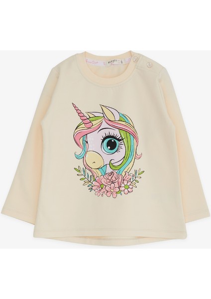 Kız Çocuk Uzun Kollu Tişört Unicorn Baskılı 1.5-5 Yaş, Krem