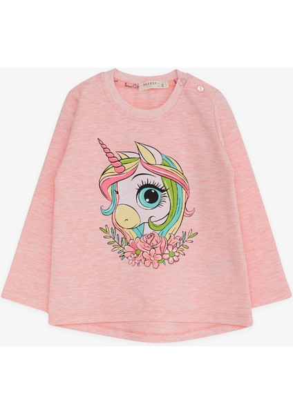 Kız Çocuk Uzun Kollu Tişört Unicorn Baskılı 1.5-5 Yaş, Somon Melanj