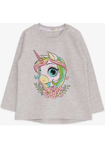 Kız Çocuk Uzun Kollu Tişört Unicorn Baskılı 1.5-5 Yaş, Bej Melanj