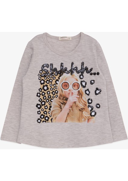 Kız Çocuk Uzun Kollu Tişört Pullu Kız Baskılı 3-8 Yaş, Bej Melanj