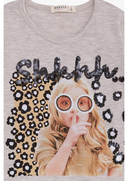 Kız Çocuk Uzun Kollu Tişört Pullu Kız Baskılı 3-8 Yaş, Bej Melanj modelleri