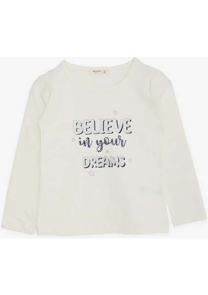 Kız Çocuk Uzun Kollu Tişört Taşlı Yazı Baskılı 5-10 Yaş, Ekru