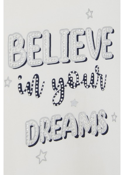 Kız Çocuk Uzun Kollu Tişört Taşlı Yazı Baskılı 5-10 Yaş, Ekru modelleri