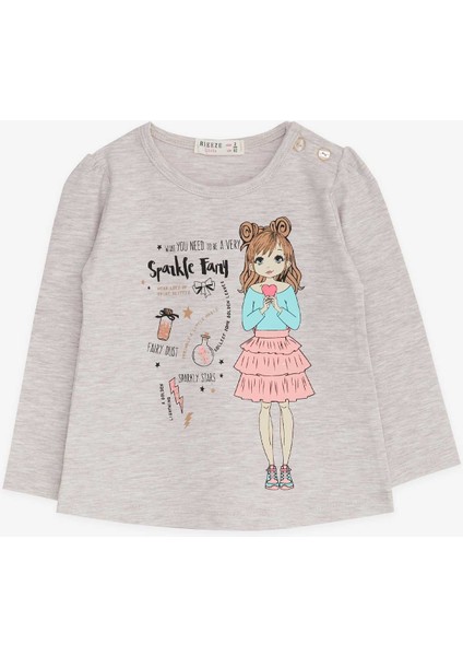 Kız Çocuk Uzun Kollu Tişört Baskılı 1-4 Yaş, Bej Melanj